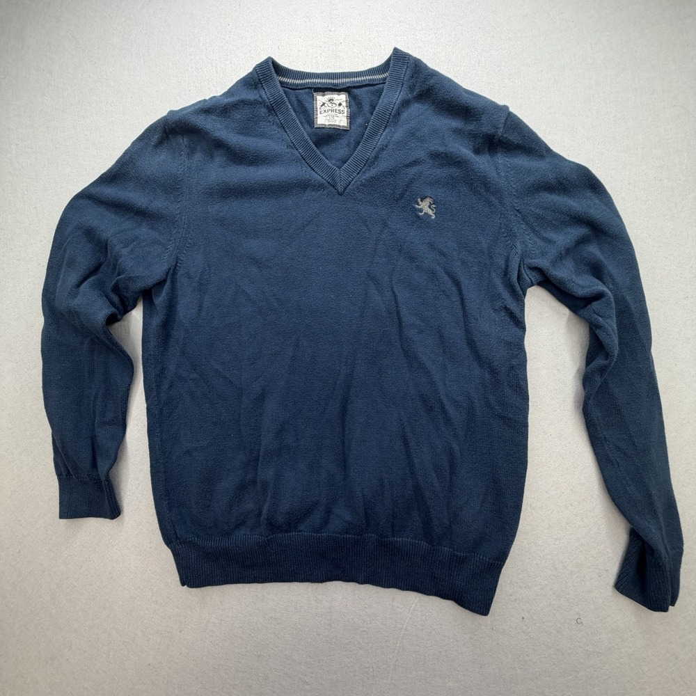 Express Men's Size Large Blue Cotton V-Neck Sweater Small Lion Logo Fall 2011